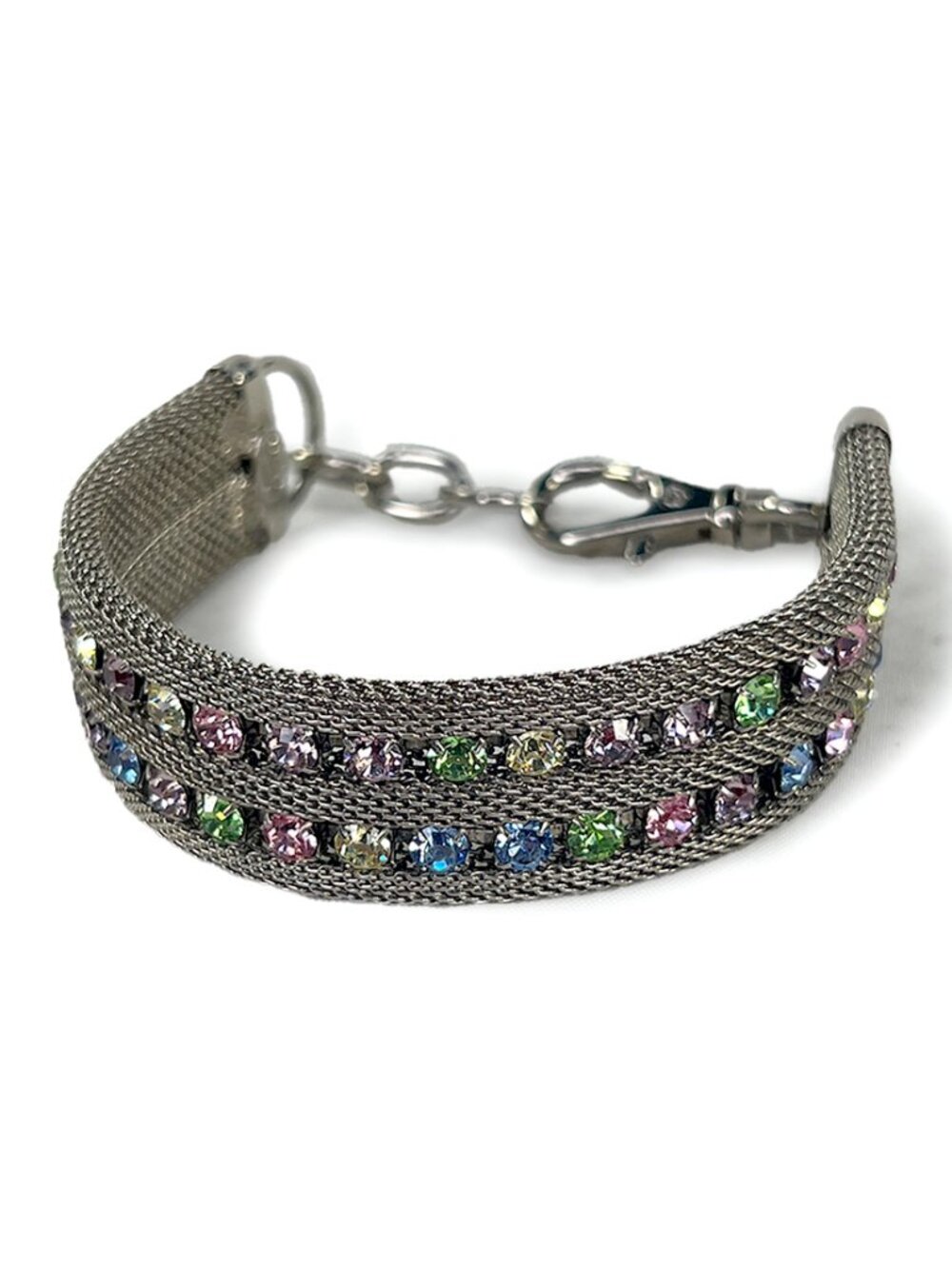 Vintage Bauer Silver Mesh Double Crystal Rainbow Bracelete